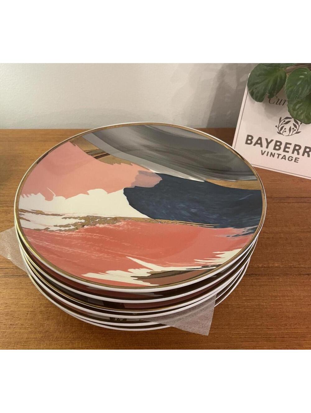 West Elm Brushstroke Abstract Set of 6 Luncheon Plates 9" Pink Teal Some Unused